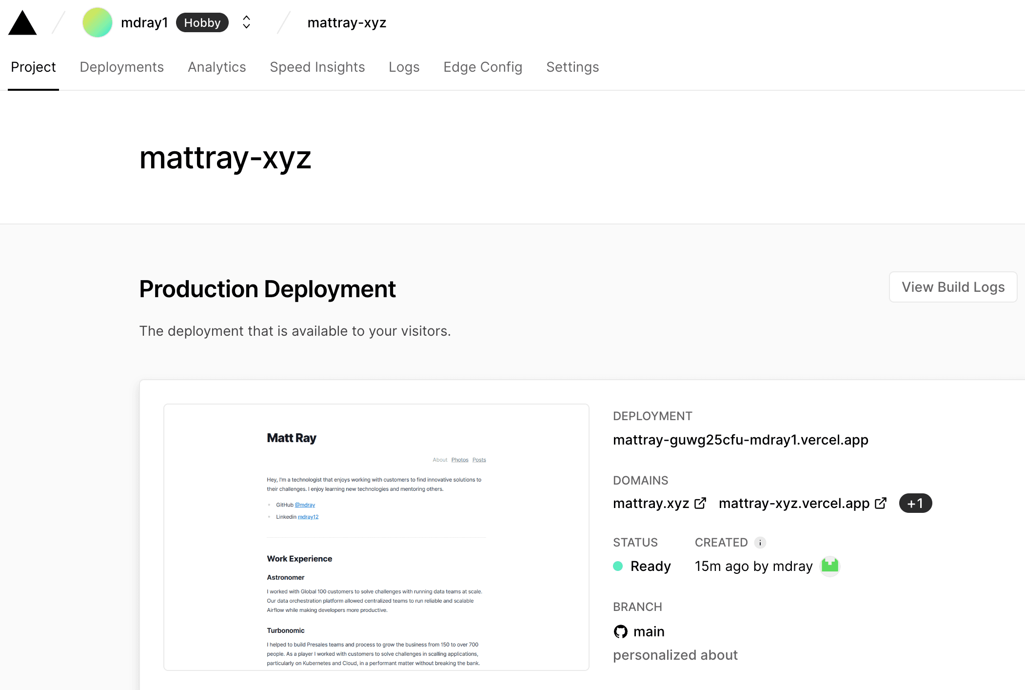 Vercel dashboard for mattray.xyz